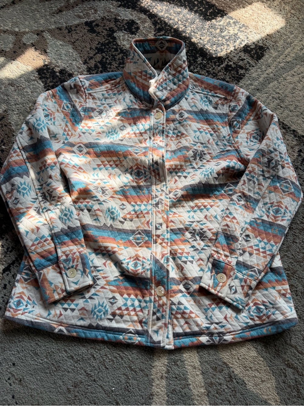 Quilted Aztec-Print Button-Down Shirt Jacket in Cream, Blue & Brown